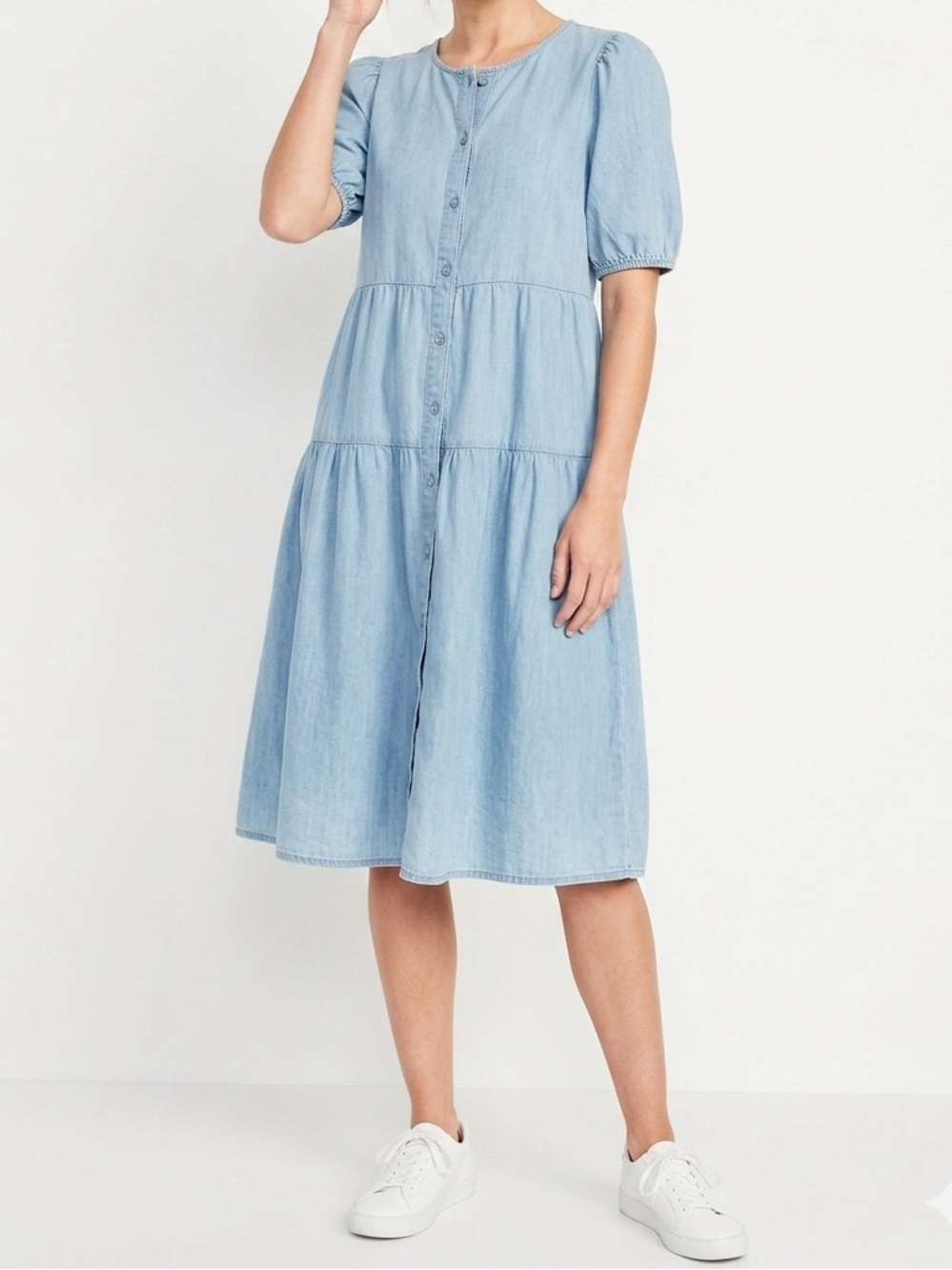 Old Navy Light Wash Chambray Tiered Puff Sleeve Dress - Size XLP Petite🧡